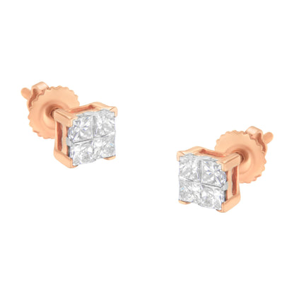 Pair of rose metal stud earrings with white princess-shaped gemstones in an invisible setting, shown from a slightly angled front view.