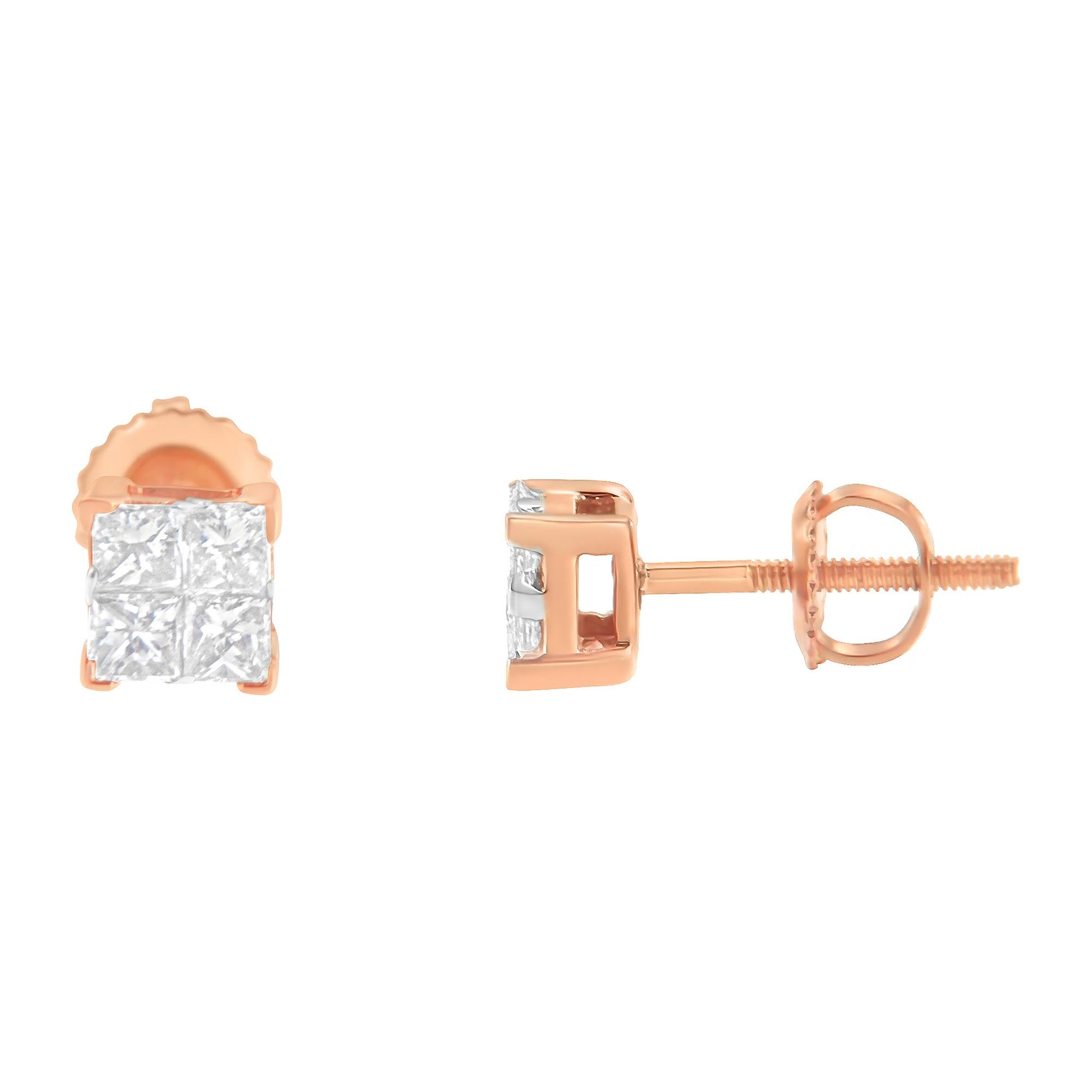 Pair of rose metal stud earrings with square cluster of white princess shape gemstones in invisible setting, shown from front and side angles.