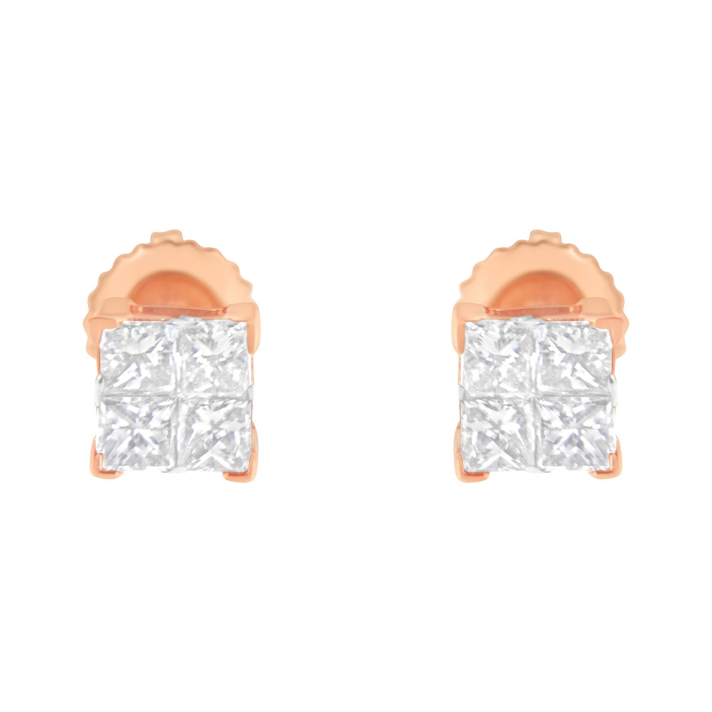 Front view of a pair of rose metal stud earrings each featuring a cluster of square white gemstones in an invisible setting.