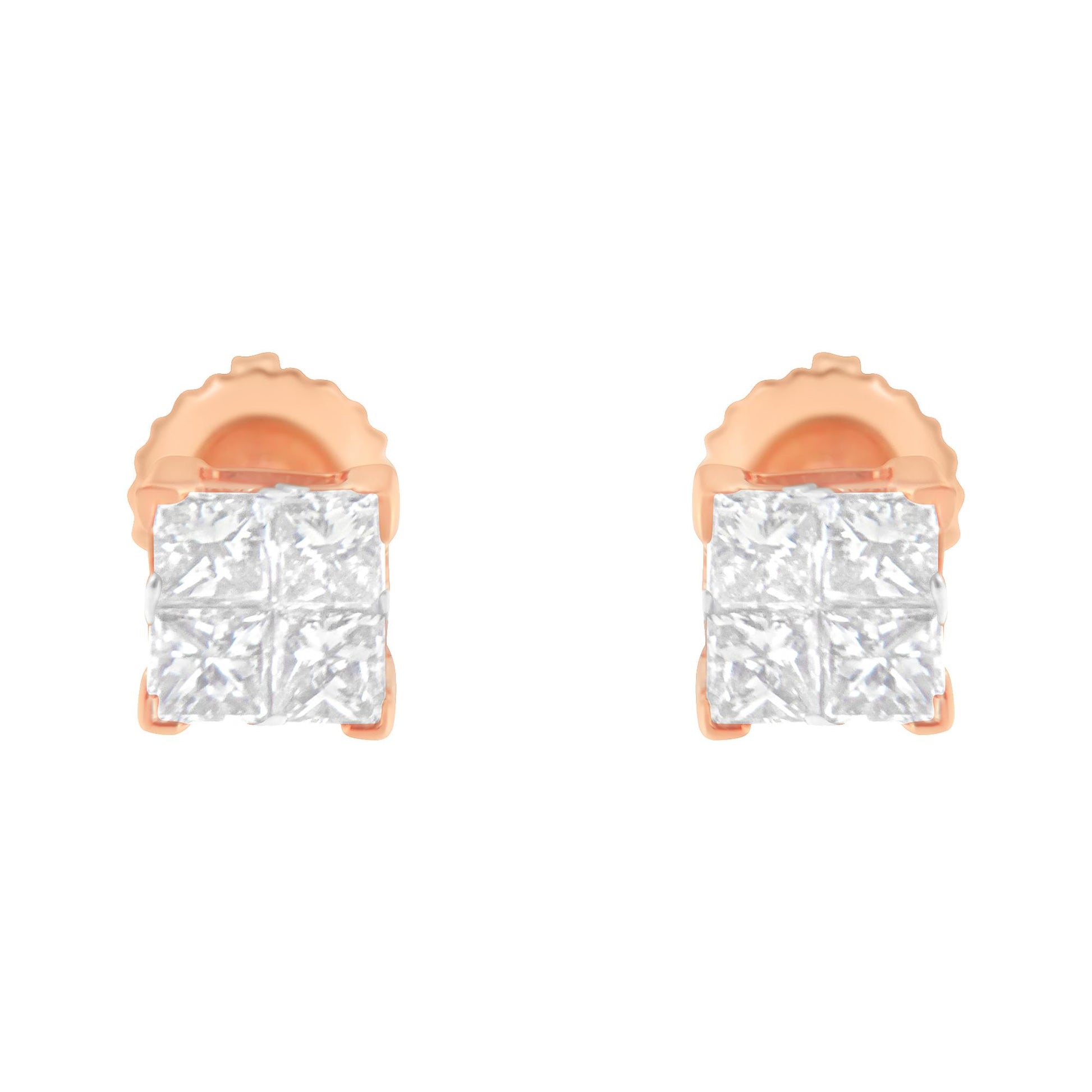 Front view of a pair of rose metal stud earrings each featuring a cluster of square white gemstones in an invisible setting.