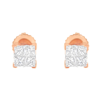 Front view of a pair of rose metal stud earrings each featuring a cluster of square white gemstones in an invisible setting.