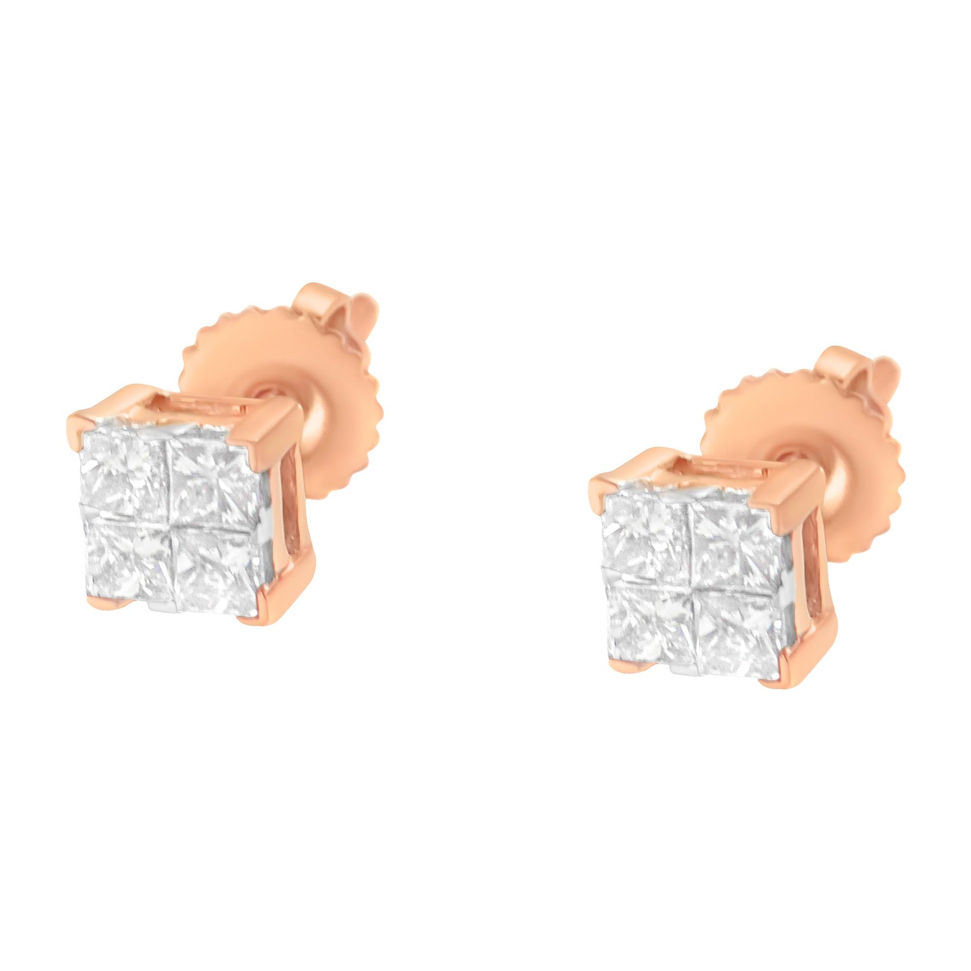 Close-up front angle of rose metal stud earrings with square clusters of white gemstones in invisible setting.