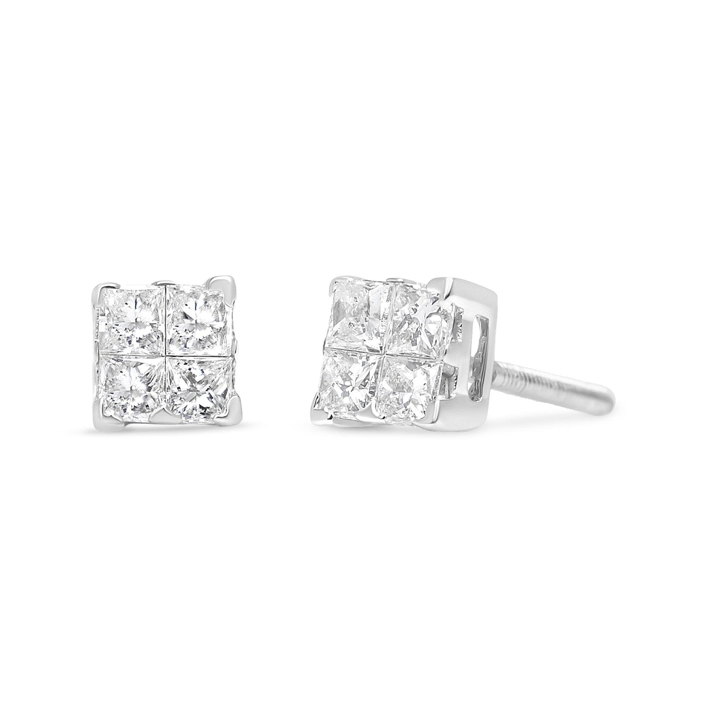 Pair of white metal stud earrings with square cluster of princess-shaped white gemstones in invisible setting, shown from front and angled side.