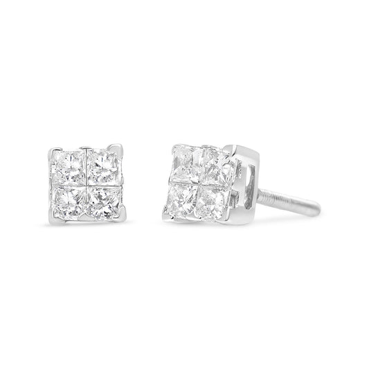 Pair of white metal stud earrings with square cluster of princess-shaped white gemstones in invisible setting, shown from front and angled side.