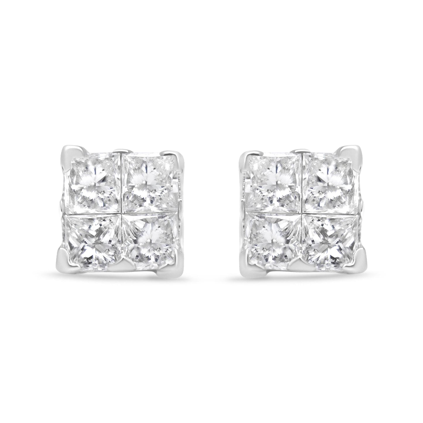 Front angle view of a pair of white metal earrings featuring clusters of princess shape white gemstones in an invisible setting.