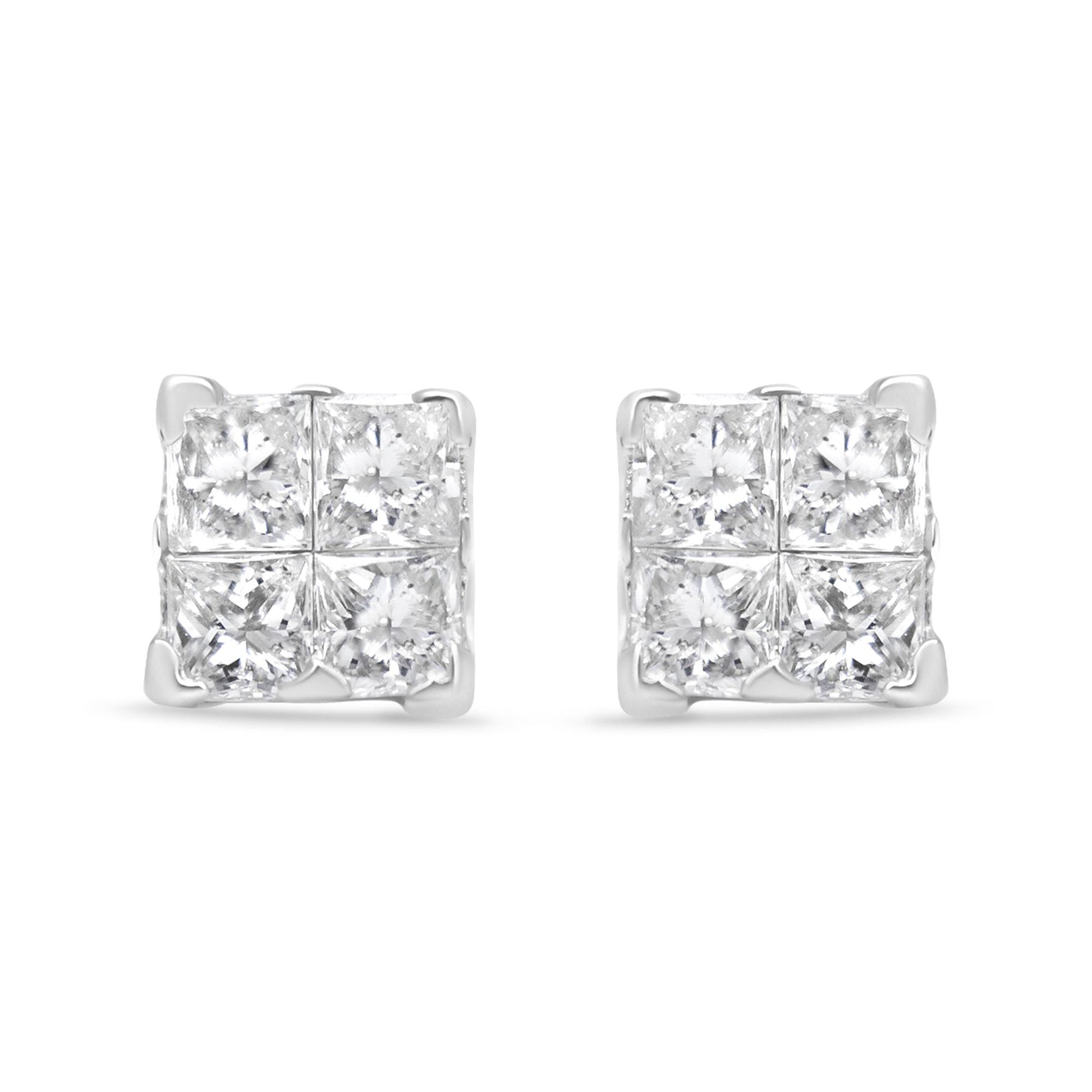 Front angle view of a pair of white metal earrings featuring clusters of princess shape white gemstones in an invisible setting.