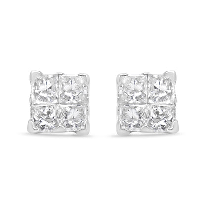 Front angle view of a pair of white metal earrings featuring clusters of princess shape white gemstones in an invisible setting.