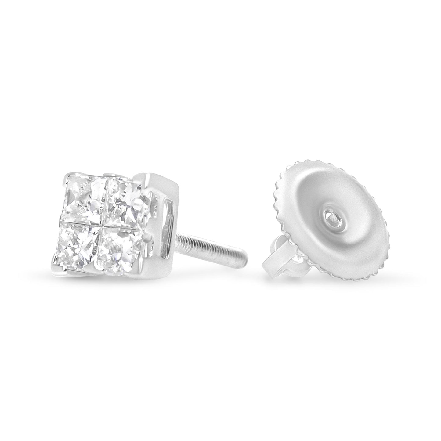 Close-up front angle view of white metal stud earrings featuring clusters of princess-shaped white gemstones in invisible setting, with one earring showing the screw-back and the other showing the earring back.