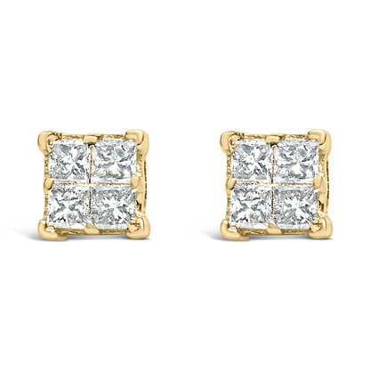 Front view of a pair of yellow metal earrings each featuring four princess-shaped white gemstones in an invisible setting.