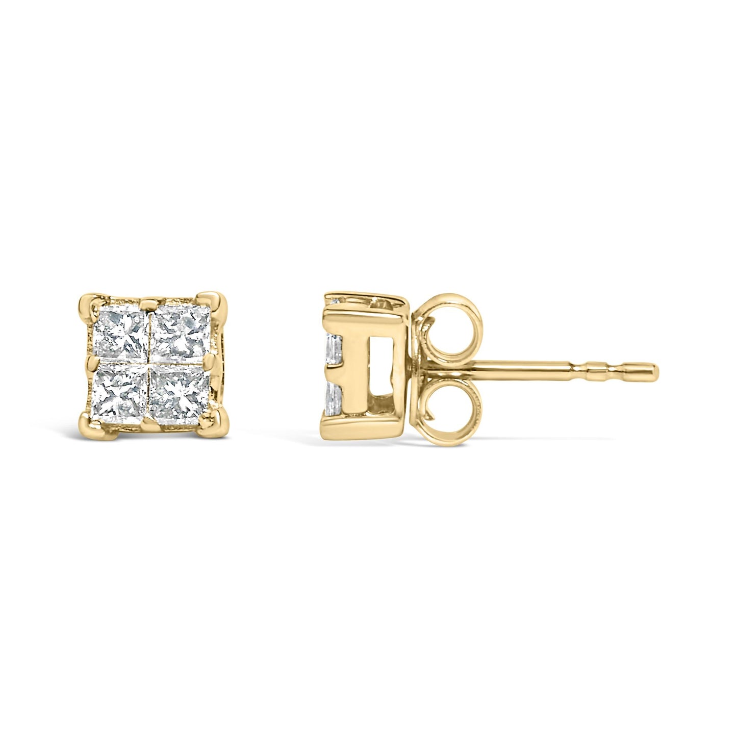 Front and side view of yellow metal stud earrings with white princess-shaped gemstones in an invisible setting, shown against a white background.