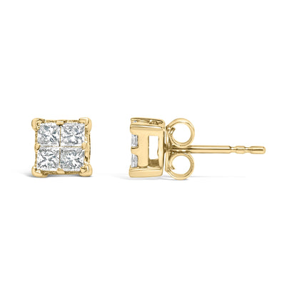 Front and side view of yellow metal stud earrings with white princess-shaped gemstones in an invisible setting, shown against a white background.