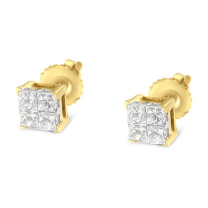 Pair of yellow metal stud earrings with square clusters of white princess-shaped gemstones in invisible setting, shown at a slight angle on a white background.