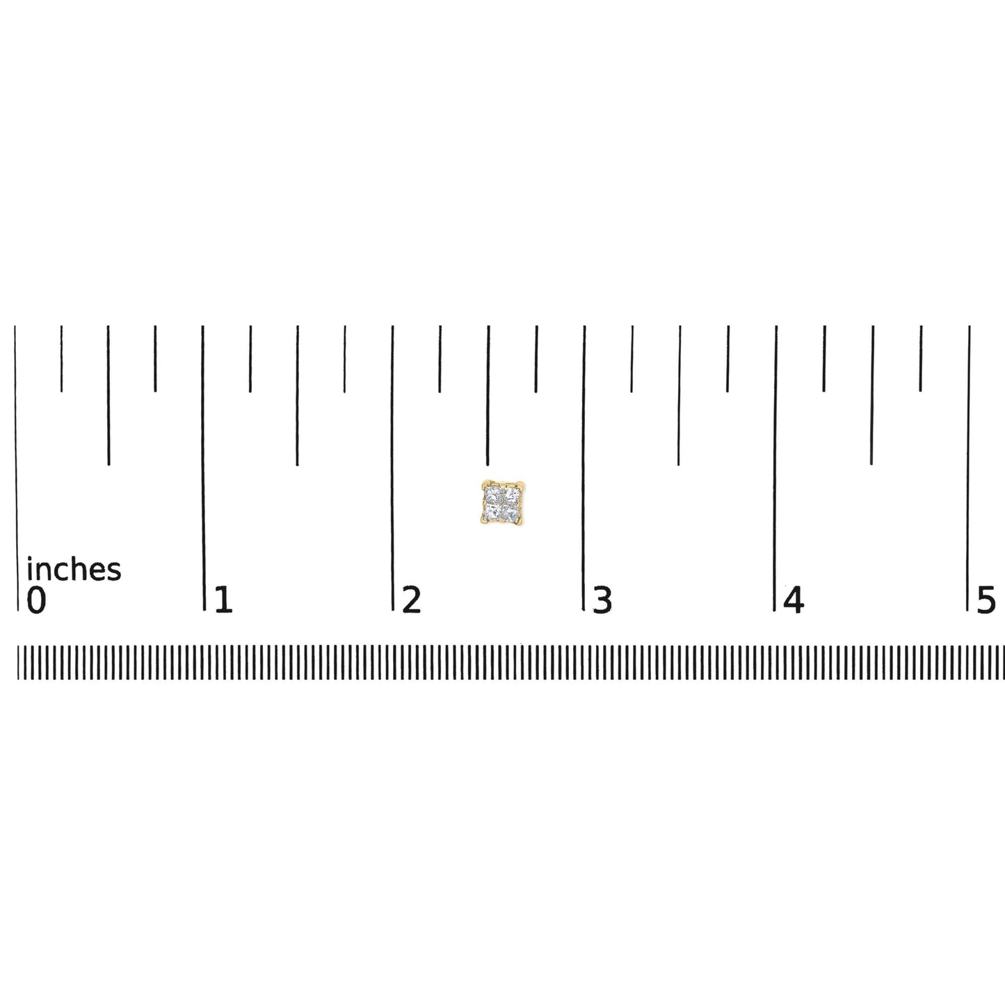 Close-up front view of a yellow metal earring with four princess-shaped white gemstones in an invisible setting, shown on a ruler for size reference.