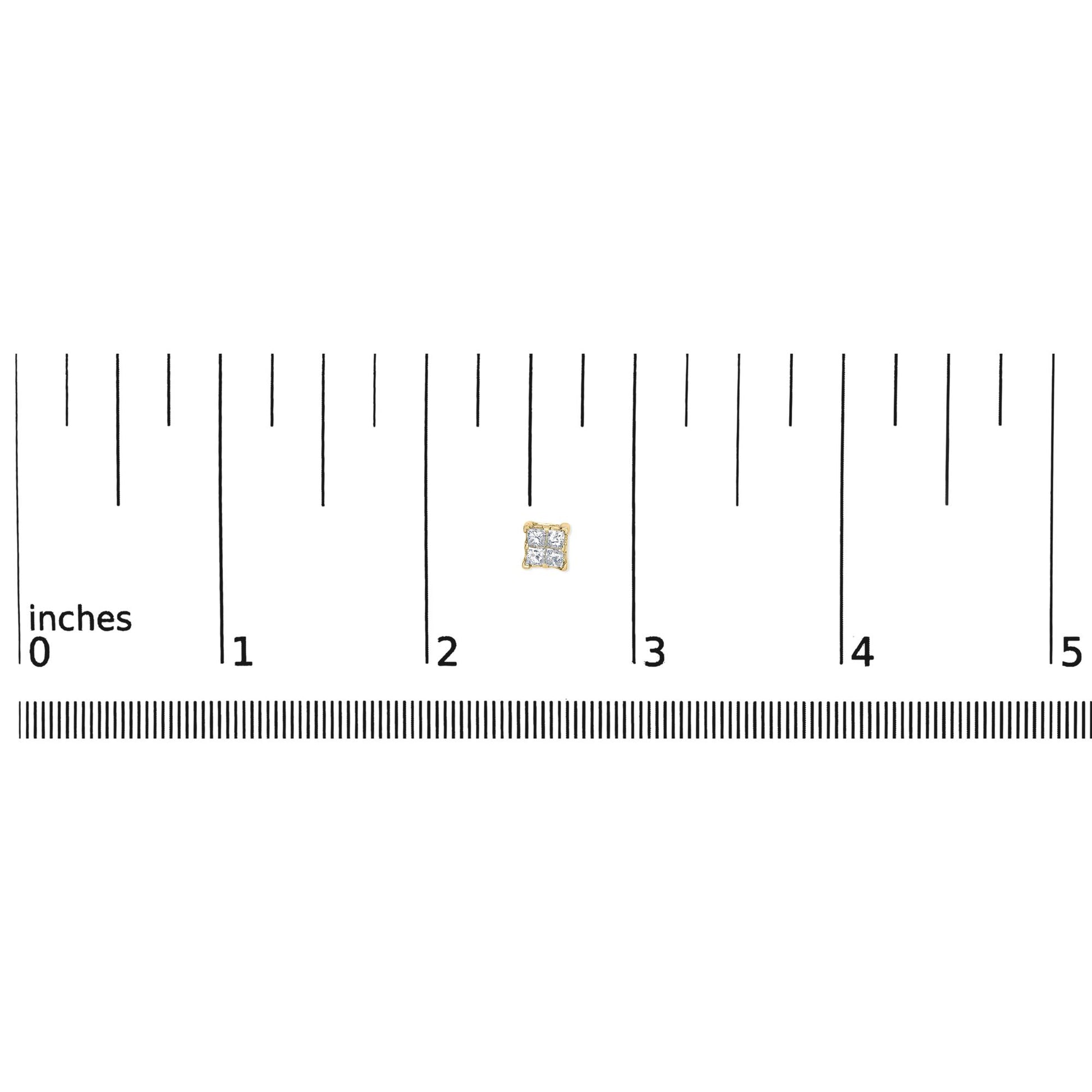 Close-up front view of a yellow metal earring with four princess-shaped white gemstones in an invisible setting, shown on a ruler for size reference.