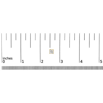 Close-up front view of a yellow metal earring with four princess-shaped white gemstones in an invisible setting, shown on a ruler for size reference.