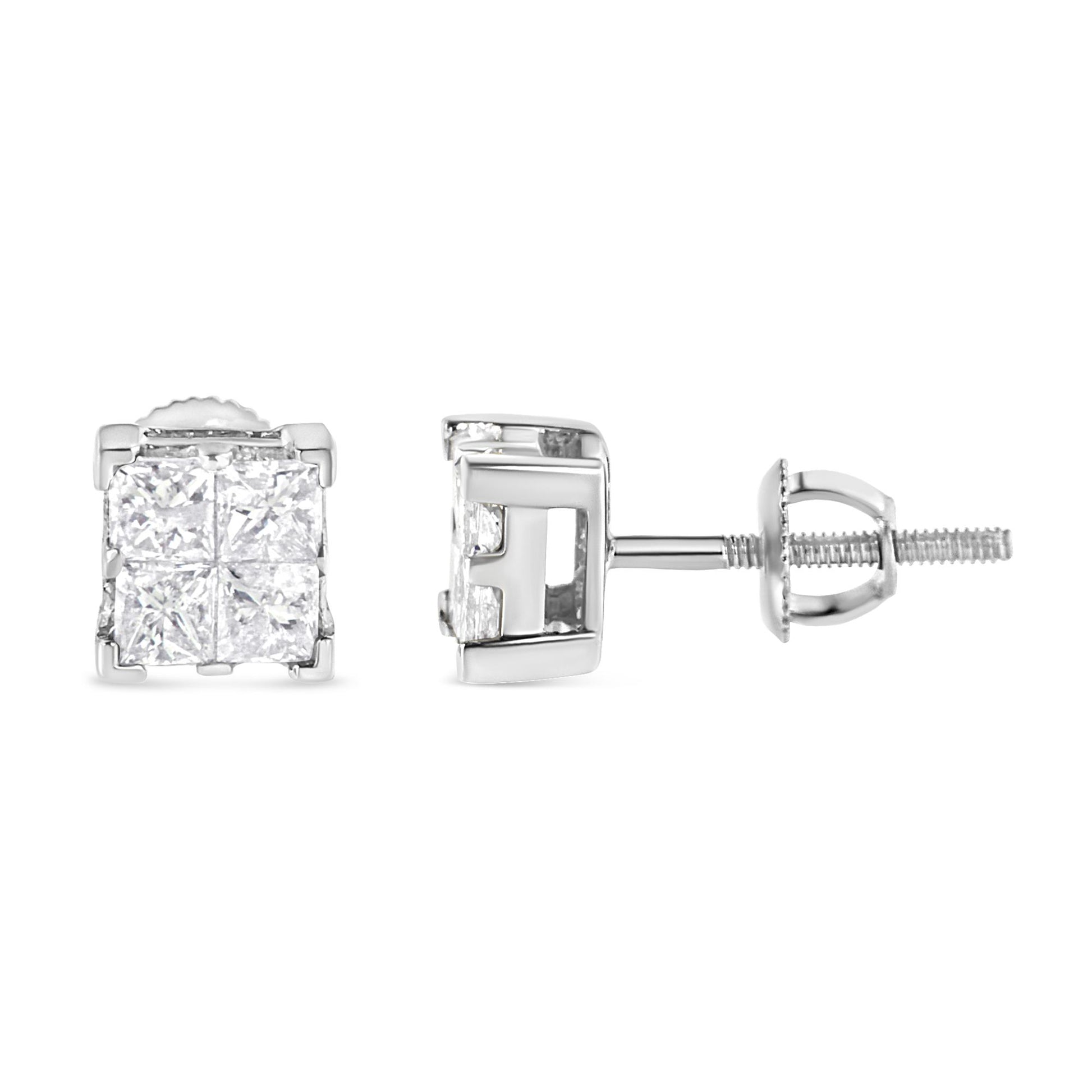 Front and side views of a pair of white metal stud earrings with square-shaped cluster of white gemstones in invisible setting, shown against a white background.