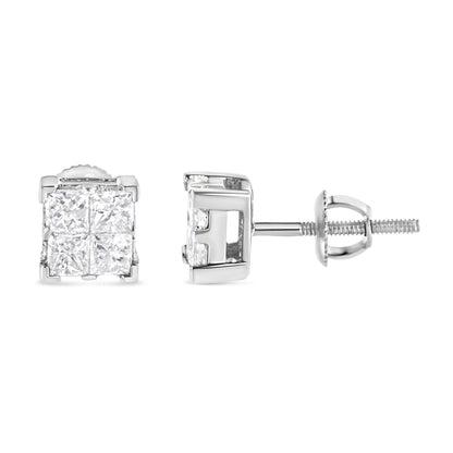 Front and side views of a pair of white metal stud earrings with square-shaped cluster of white gemstones in invisible setting, shown against a white background.