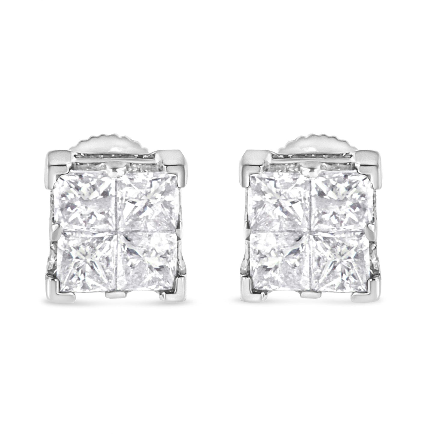 Pair of white metal stud earrings with princess-shaped white gemstones set in an invisible setting, shown from a front angle.