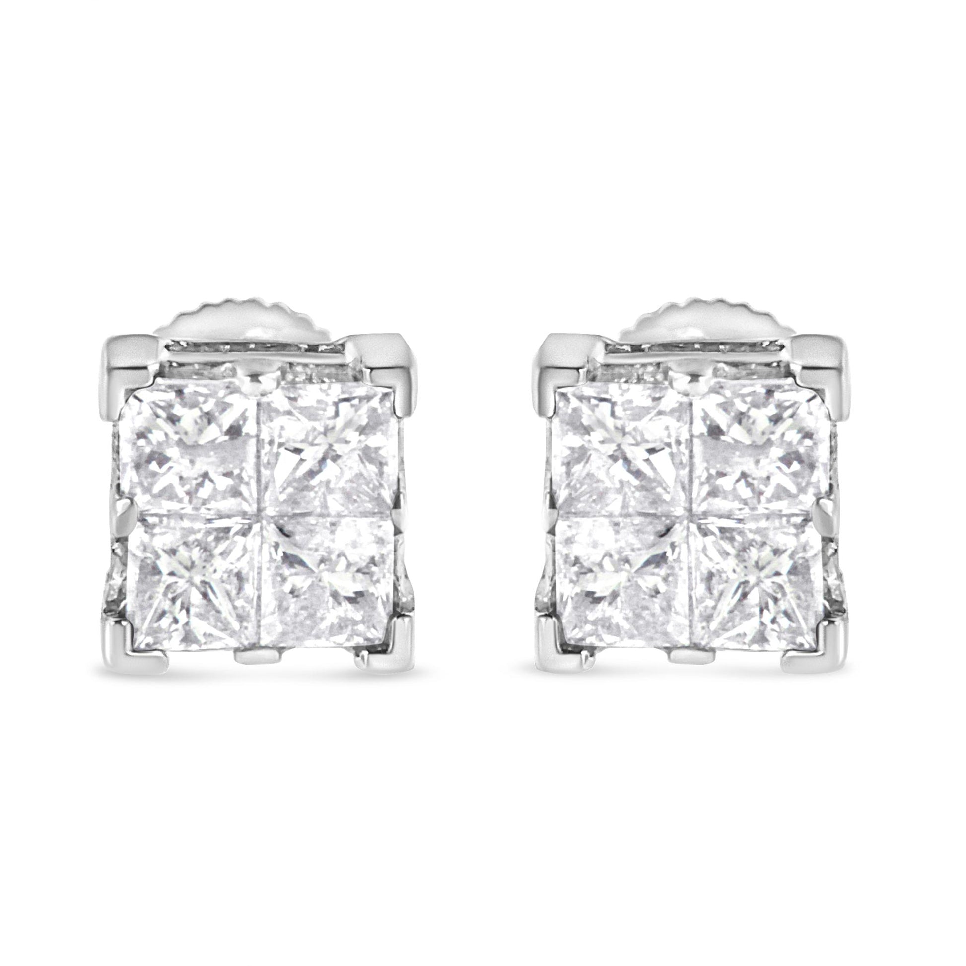 Pair of white metal stud earrings with princess-shaped white gemstones set in an invisible setting, shown from a front angle.