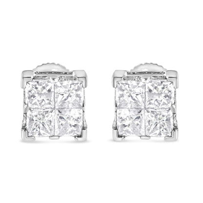 Pair of white metal stud earrings with princess-shaped white gemstones set in an invisible setting, shown from a front angle.