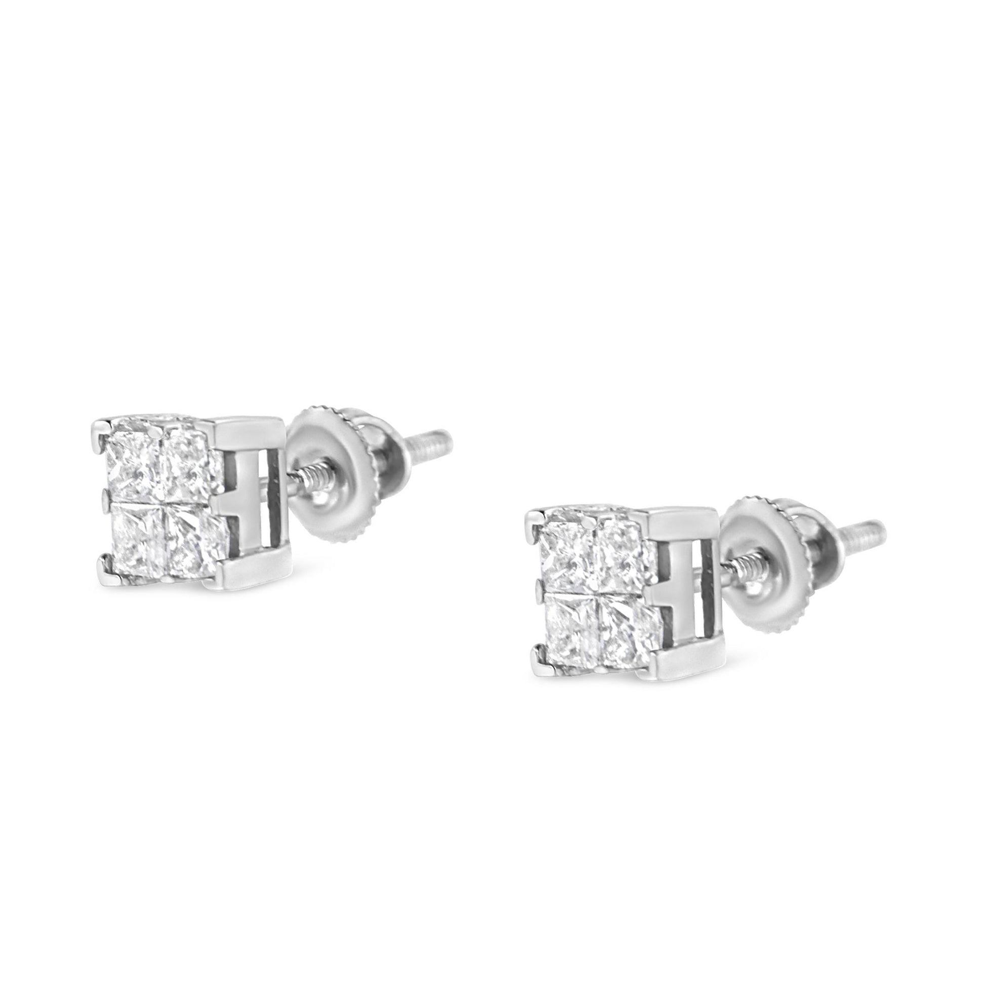 Pair of white metal stud earrings with four princess-shaped white gemstones in invisible settings, shown from a front angle.