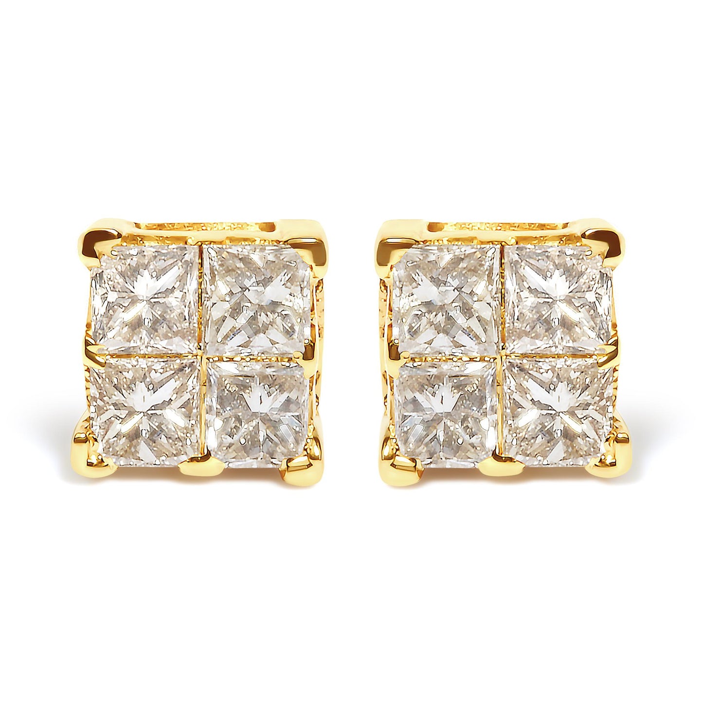 Front-facing shot of a pair of yellow metal square earrings, each set with multiple princess shape white gemstones in an invisible setting.