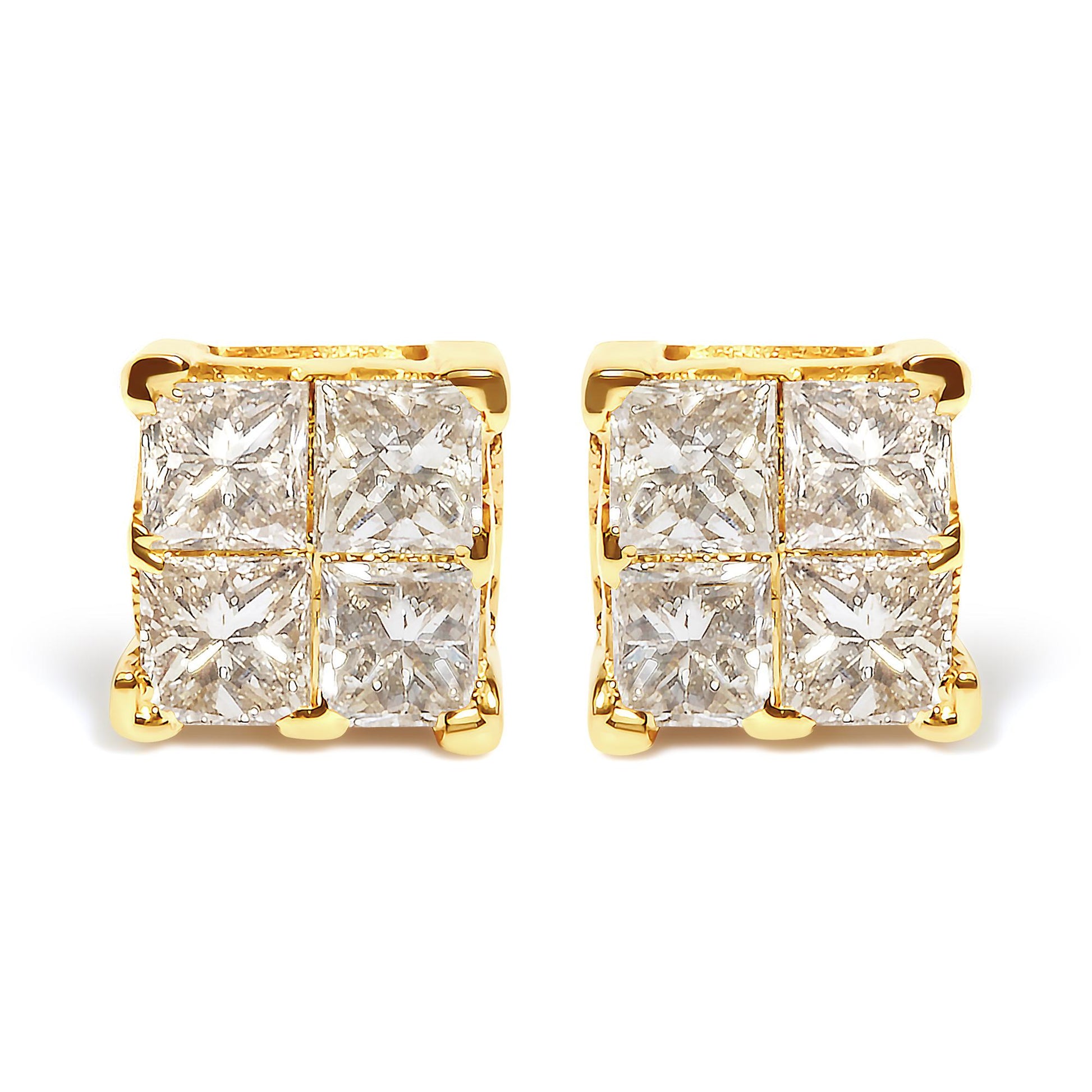 Front-facing shot of a pair of yellow metal square earrings, each set with multiple princess shape white gemstones in an invisible setting.