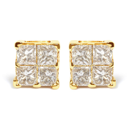 Front-facing shot of a pair of yellow metal square earrings, each set with multiple princess shape white gemstones in an invisible setting.