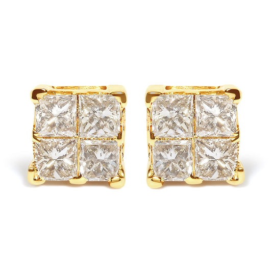 Front-facing shot of a pair of yellow metal square earrings, each set with multiple princess shape white gemstones in an invisible setting.