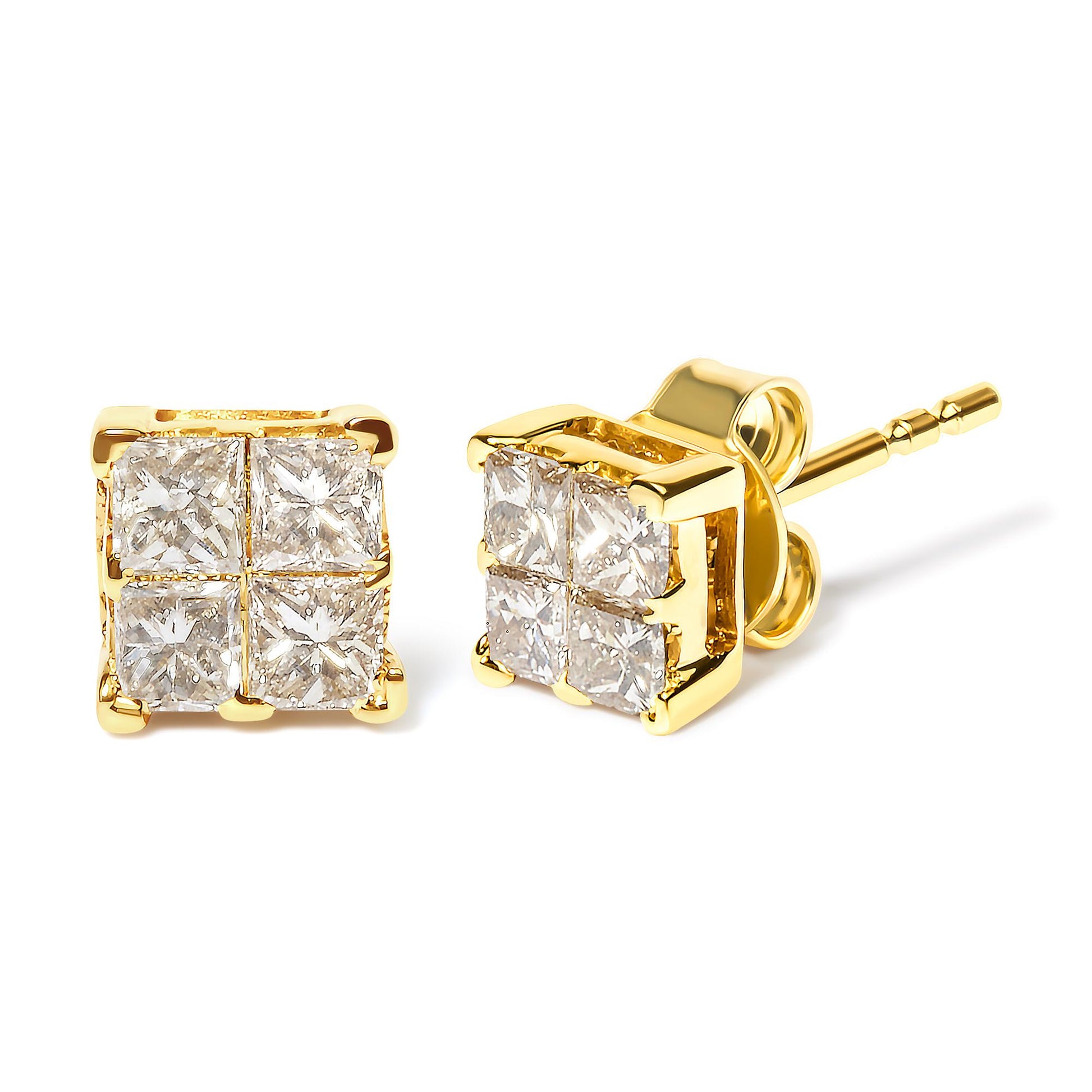 Pair of yellow metal stud earrings with square-shaped white gemstones in invisible setting, shown at a slight angle on a white background.