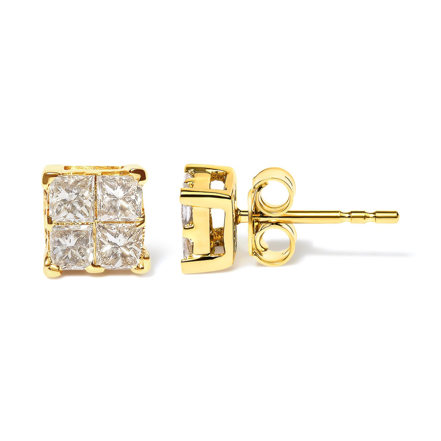 Yellow metal stud earrings with white princess-shaped gemstones in an invisible setting, shown from front and side angles on a white background.