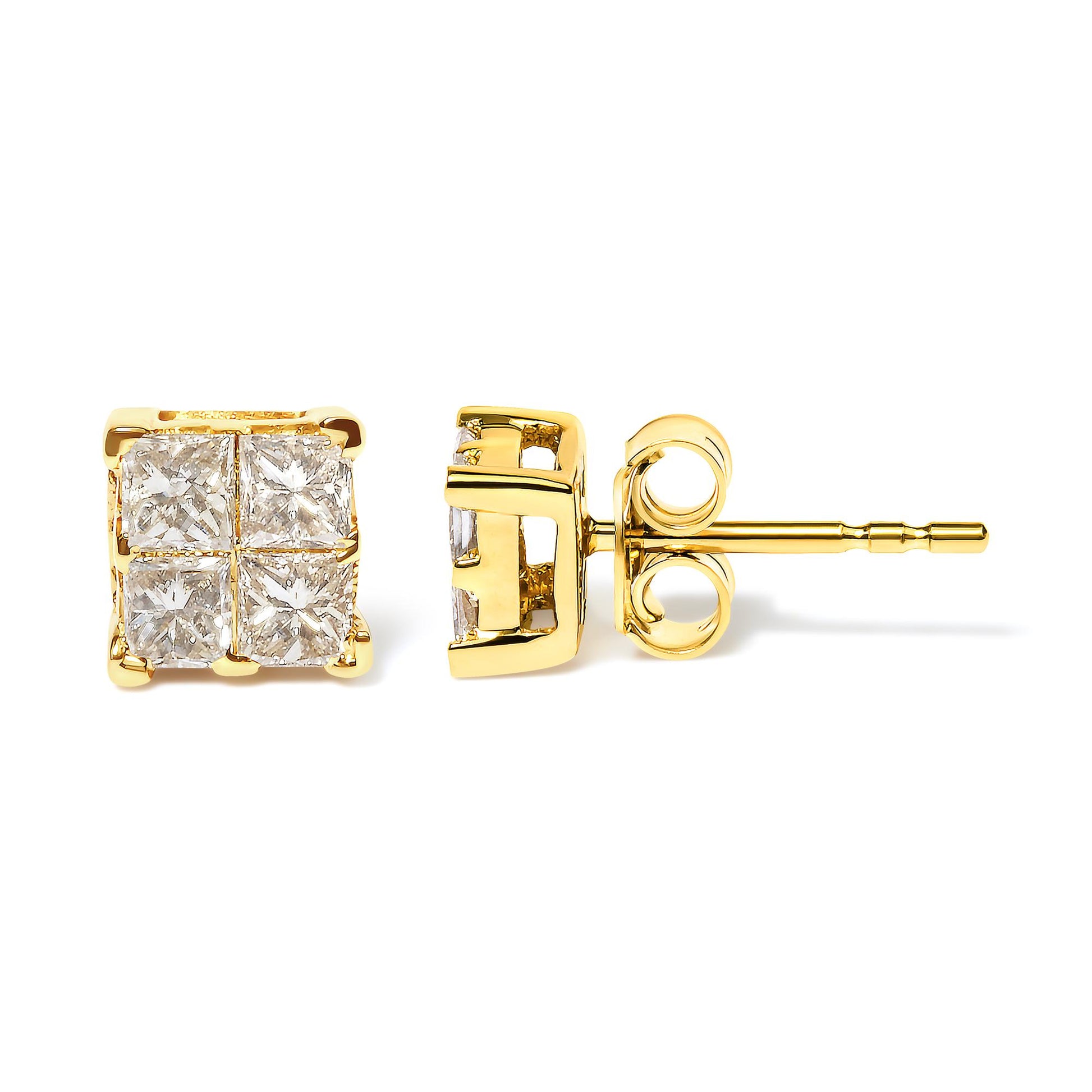 Yellow metal stud earrings with white princess-shaped gemstones in an invisible setting, shown from front and side angles on a white background.