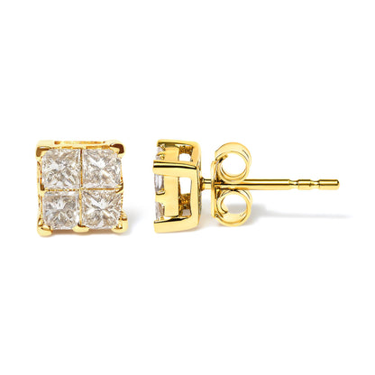 Yellow metal stud earrings with white princess-shaped gemstones in an invisible setting, shown from front and side angles on a white background.