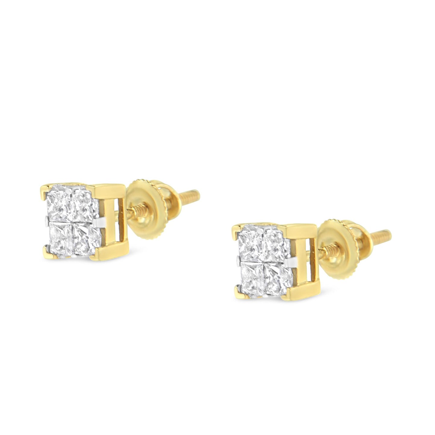 Pair of yellow metal stud earrings with princess-shaped white gemstones in invisible setting, shown in a close-up angled view.