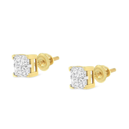 Pair of yellow metal stud earrings with princess-shaped white gemstones in invisible setting, shown in a close-up angled view.