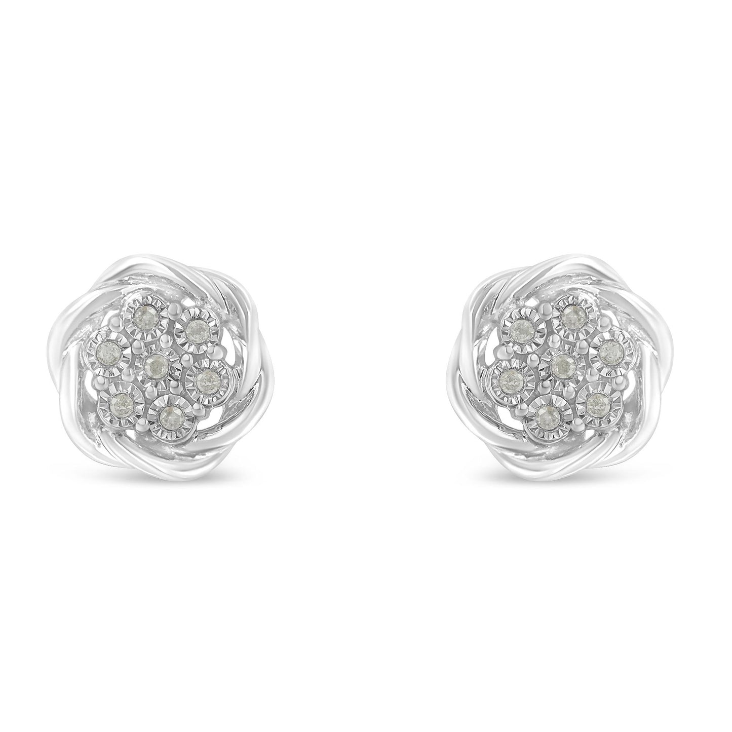 Front view of white metal stud earrings with round white gemstones in a miracle setting, arranged in a floral cluster.