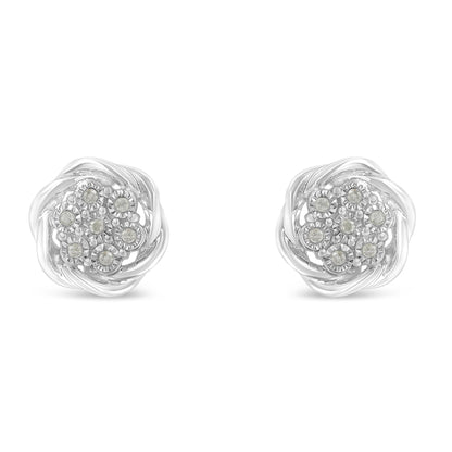 Front view of white metal stud earrings with round white gemstones in a miracle setting, arranged in a floral cluster.