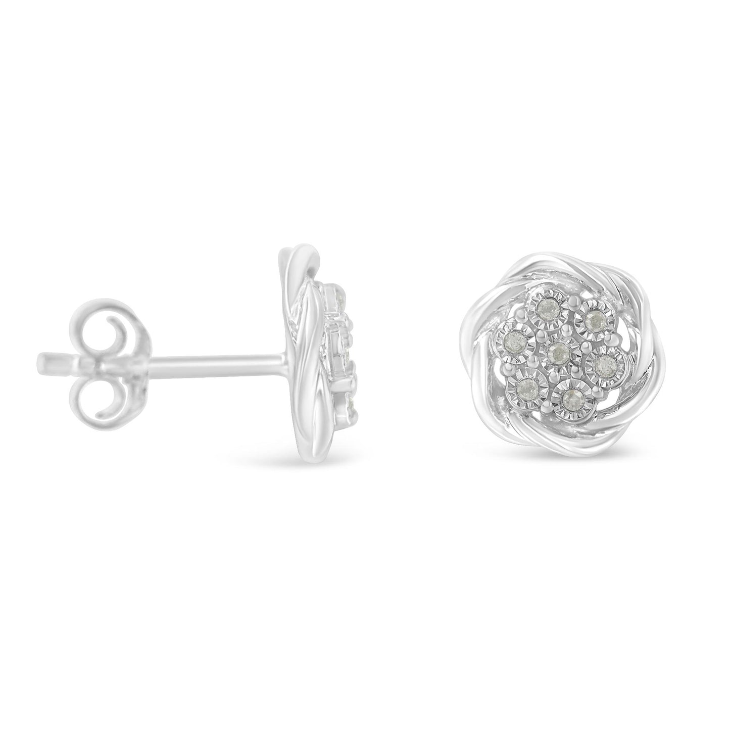 Pair of white metal stud earrings with round white gemstones in a floral cluster pattern, shown from front and side angles.