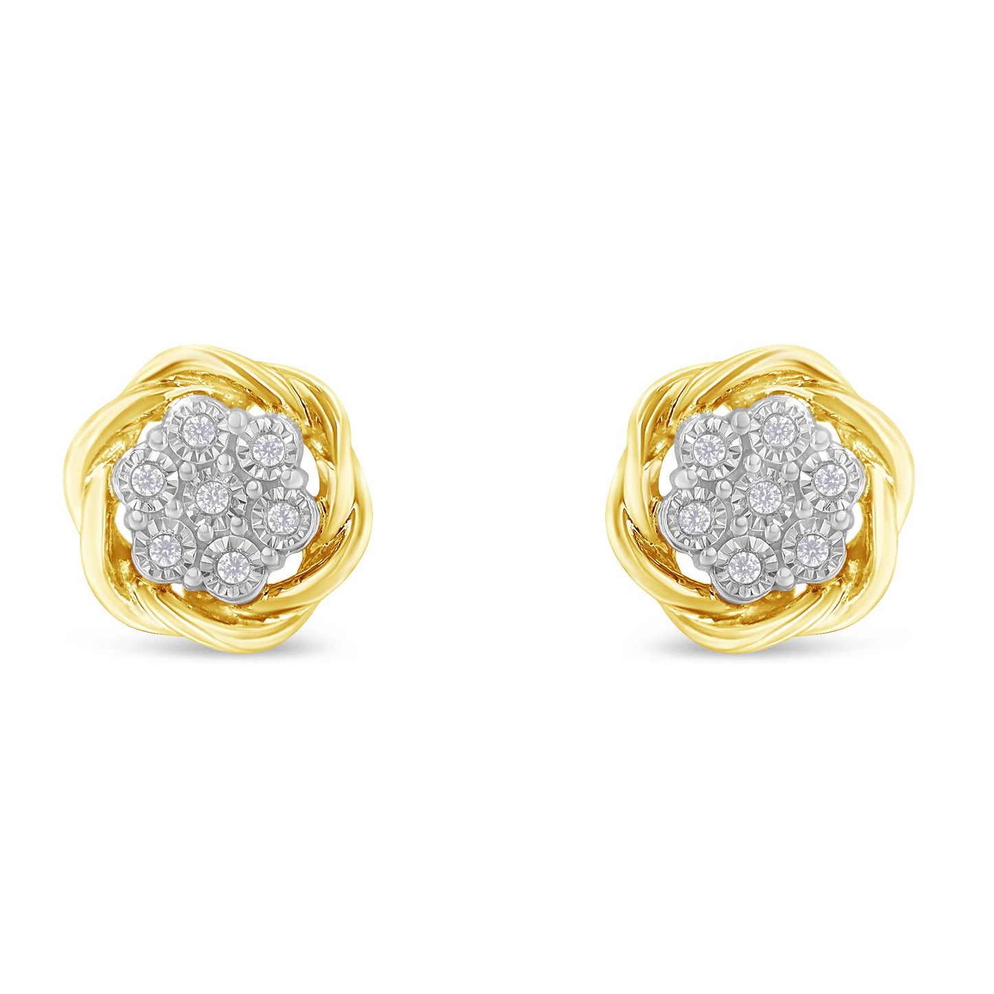 Front view of a pair of yellow metal earrings with clusters of round white gemstones in miracle settings at the center.