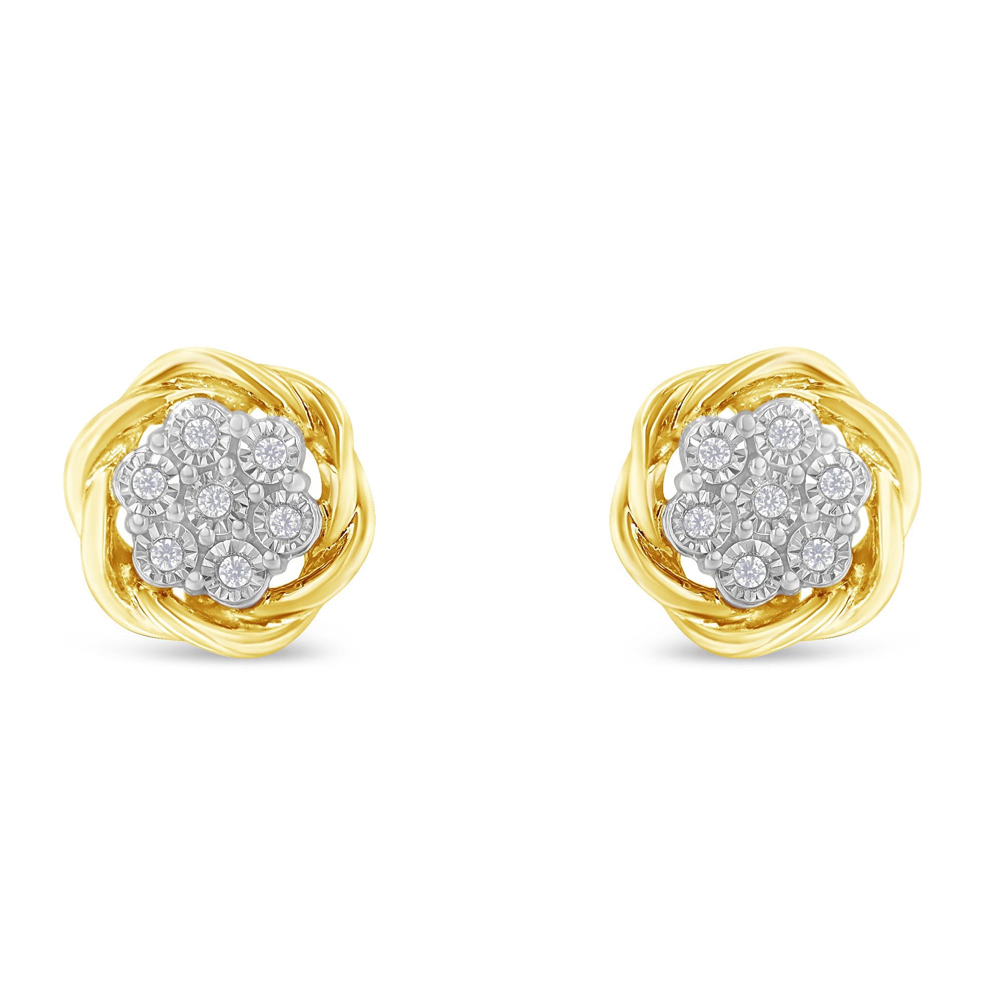 Front view of a pair of yellow metal earrings with clusters of round white gemstones in miracle settings at the center.