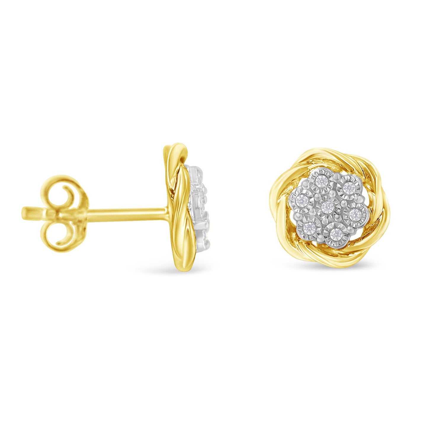 Front and side view of yellow metal stud earrings with cluster of white round gemstones in a twisted design, shown on a white background.
