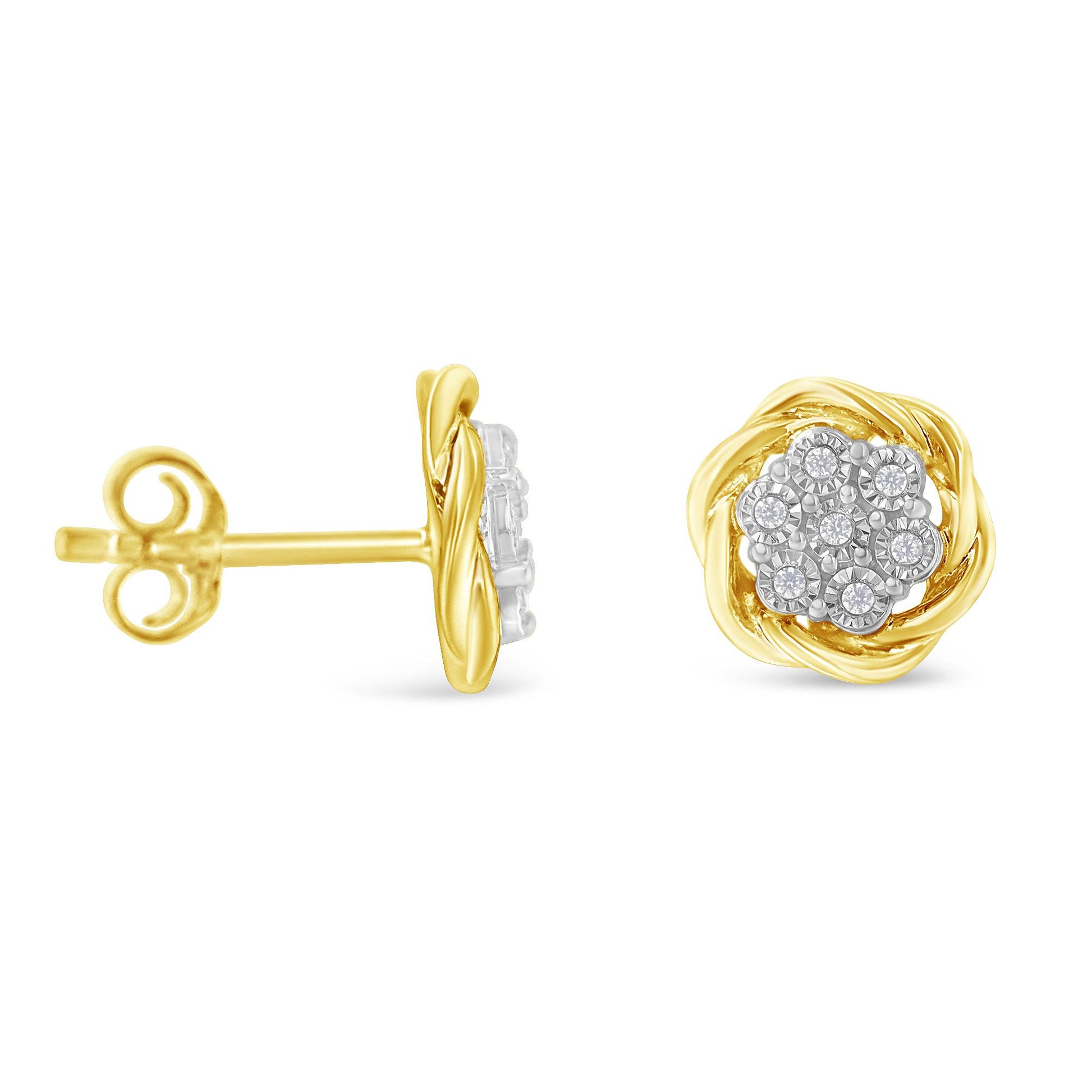 Front and side view of yellow metal stud earrings with cluster of white round gemstones in a twisted design, shown on a white background.