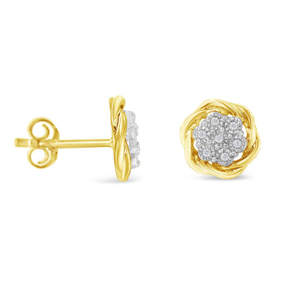 Front and side view of yellow metal stud earrings with cluster of white round gemstones in a twisted design, shown on a white background.