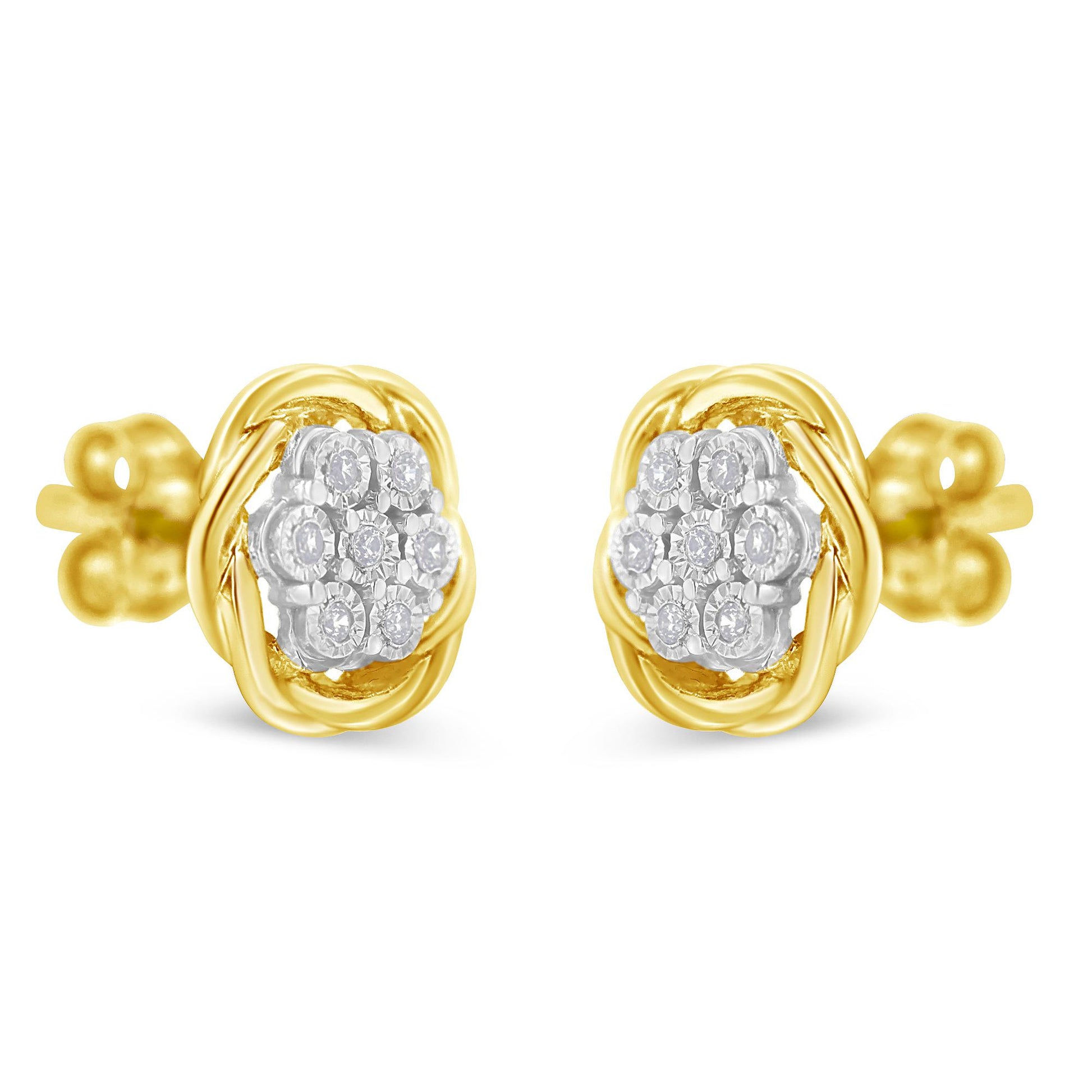 Front view of a pair of yellow metal stud earrings with round white gemstones in miracle settings.