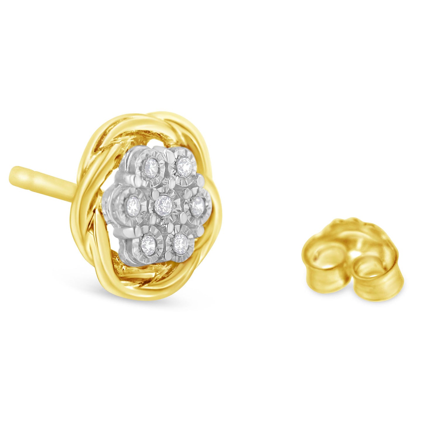 Close-up angled view of a yellow metal stud earring with a cluster of round white gemstones in a miracle setting, alongside a separate earring back.