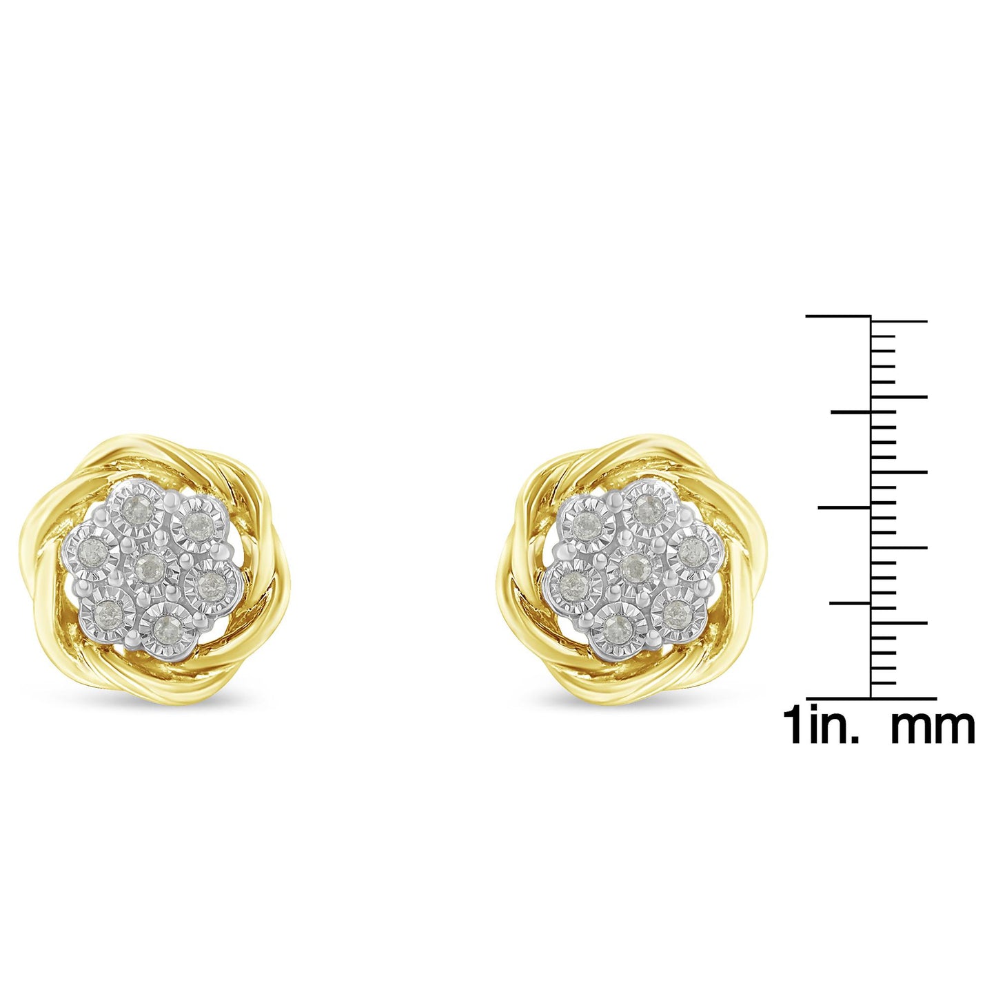 Front view of yellow metal round cluster earrings with multiple white gemstones in miracle setting, shown on a scale for size reference.