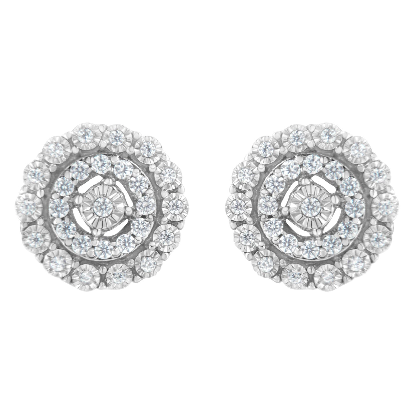 Front view of a pair of round white metal earrings with multiple small white gemstones in a pave setting arranged in concentric circles.