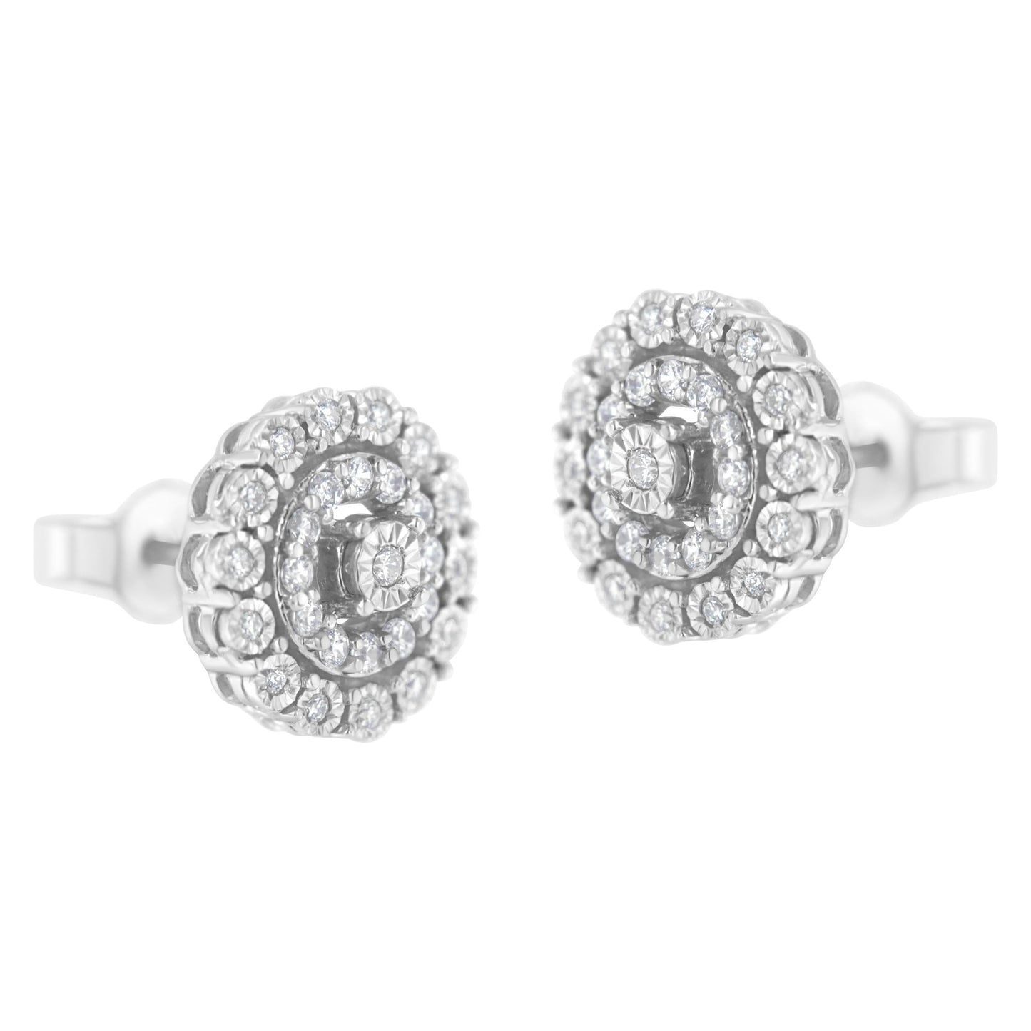 Pair of white metal round stud earrings with multiple white gemstones in a pave setting, shown from a front angle.