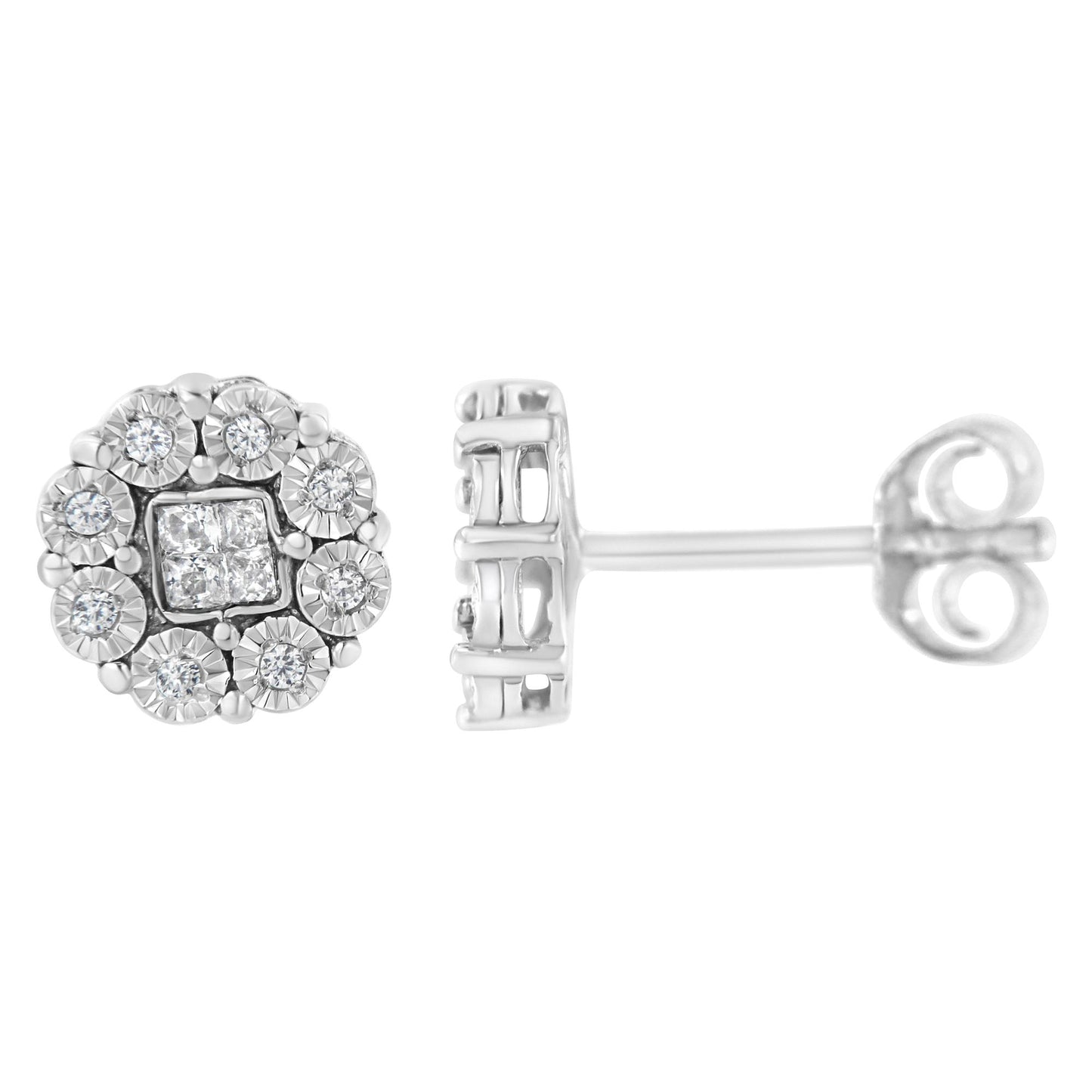 Front and side views of white metal stud earrings featuring a cluster of round white gemstones in miracle setting surrounding princess-shaped white gemstones in invisible setting.