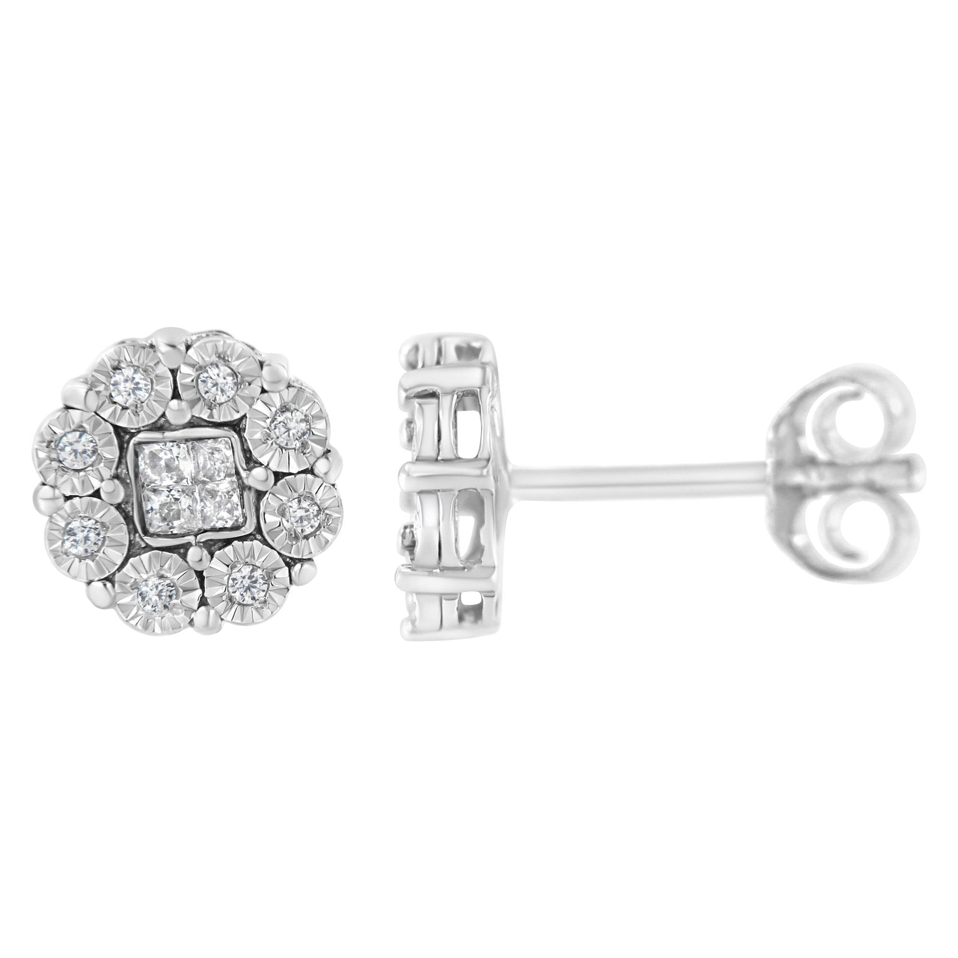 Front and side views of white metal stud earrings featuring a cluster of round white gemstones in miracle setting surrounding princess-shaped white gemstones in invisible setting.